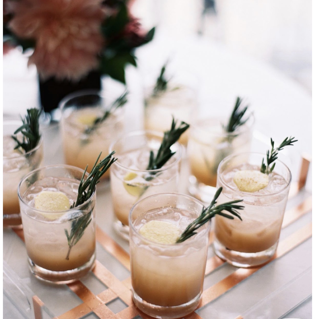 Rosemary cocktails on a copper tray