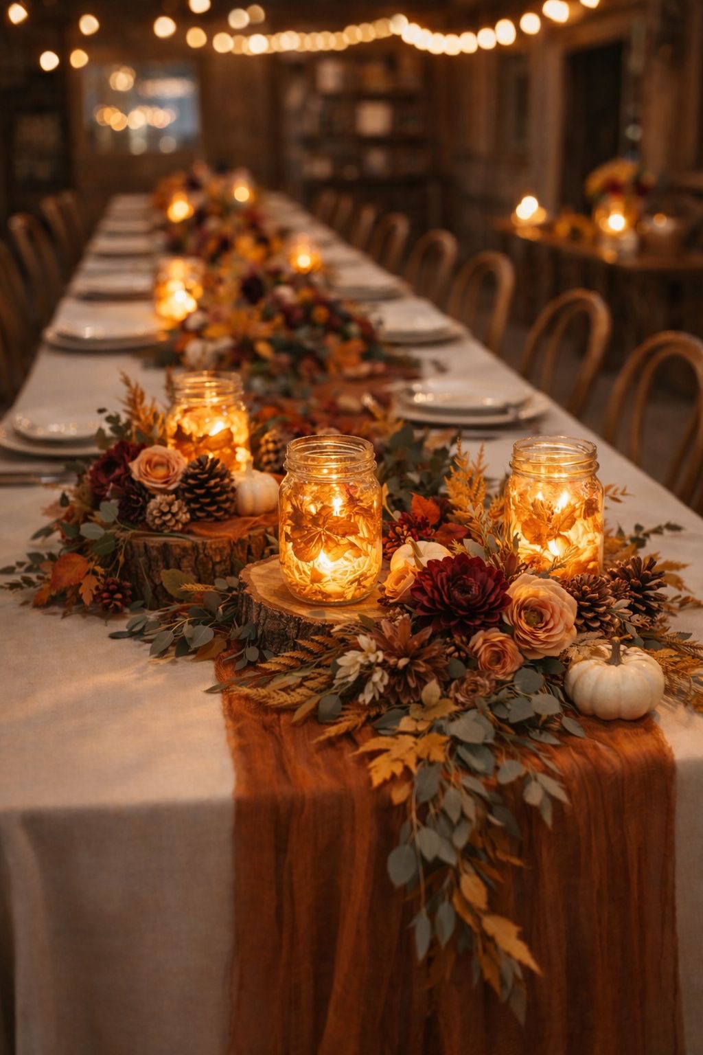 Rustic dinner table with candlelight and flowers